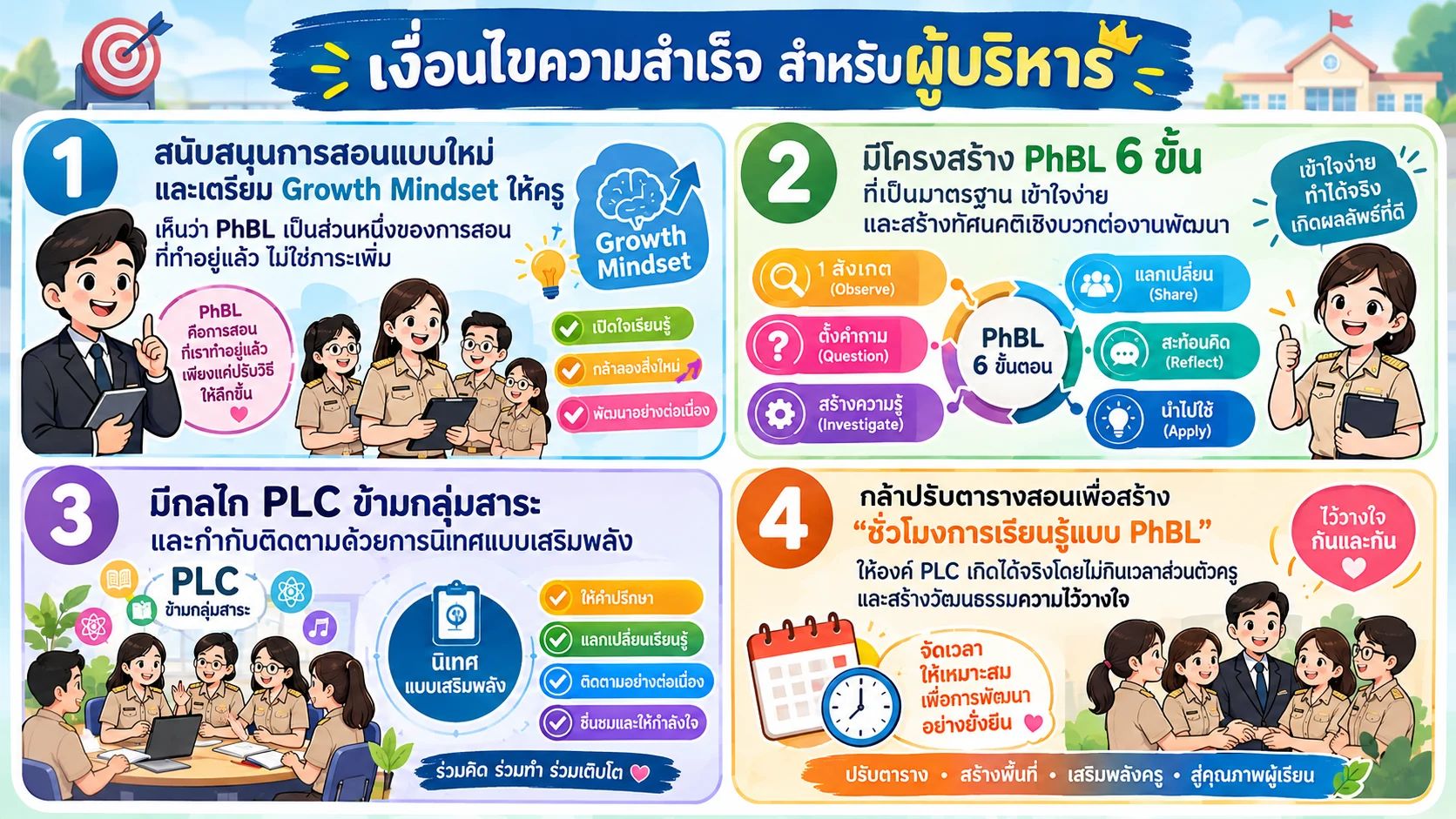 อินโฟกราฟิก เงื่อนไขความสำเร็จสำหรับผู้บริหาร: 1 สนับสนุนการสอนแบบใหม่และเตรียม Growth Mindset ให้ครูเห็นว่า PhBL เป็นส่วนหนึ่งของการสอนที่ทำอยู่แล้ว ไม่ใช่ภาระเพิ่ม · 2 มีโครงสร้าง PhBL 6 ขั้นที่เป็นมาตรฐาน เข้าใจง่าย และสร้างทัศนคติเชิงบวกต่องานพัฒนา · 3 มีกลไก PLC ข้ามกลุ่มสาระ และกำกับติดตามด้วยการนิเทศแบบเสริมพลัง · 4 กล้าปรับตารางสอนเพื่อสร้างชั่วโมงการเรียนรู้แบบ PhBL ให้วง PLC เกิดได้จริงโดยไม่กินเวลาส่วนตัวครู และสร้างวัฒนธรรมความไว้วางใจ
