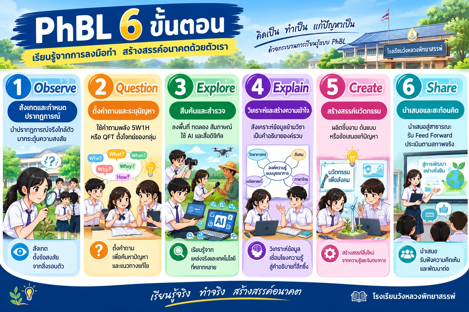 อินโฟกราฟิก PhBL 6 ขั้นตอน เรียนรู้จากการลงมือทำ สร้างสรรค์อนาคตด้วยตัวเรา: 1 Observe สังเกตและกำหนดปรากฏการณ์ · 2 Question ตั้งคำถามและระบุปัญหา ใช้คำถามพลัง 5W1H หรือ QFT · 3 Explore สืบค้นและสำรวจ ลงพื้นที่ ทดลอง สัมภาษณ์ ใช้ AI และสื่อดิจิทัล · 4 Explain วิเคราะห์และสร้างความเข้าใจ · 5 Create สร้างสรรค์นวัตกรรม · 6 Share นำเสนอและสะท้อนคิด รับ Feed Forward ประเมินตามสภาพจริง