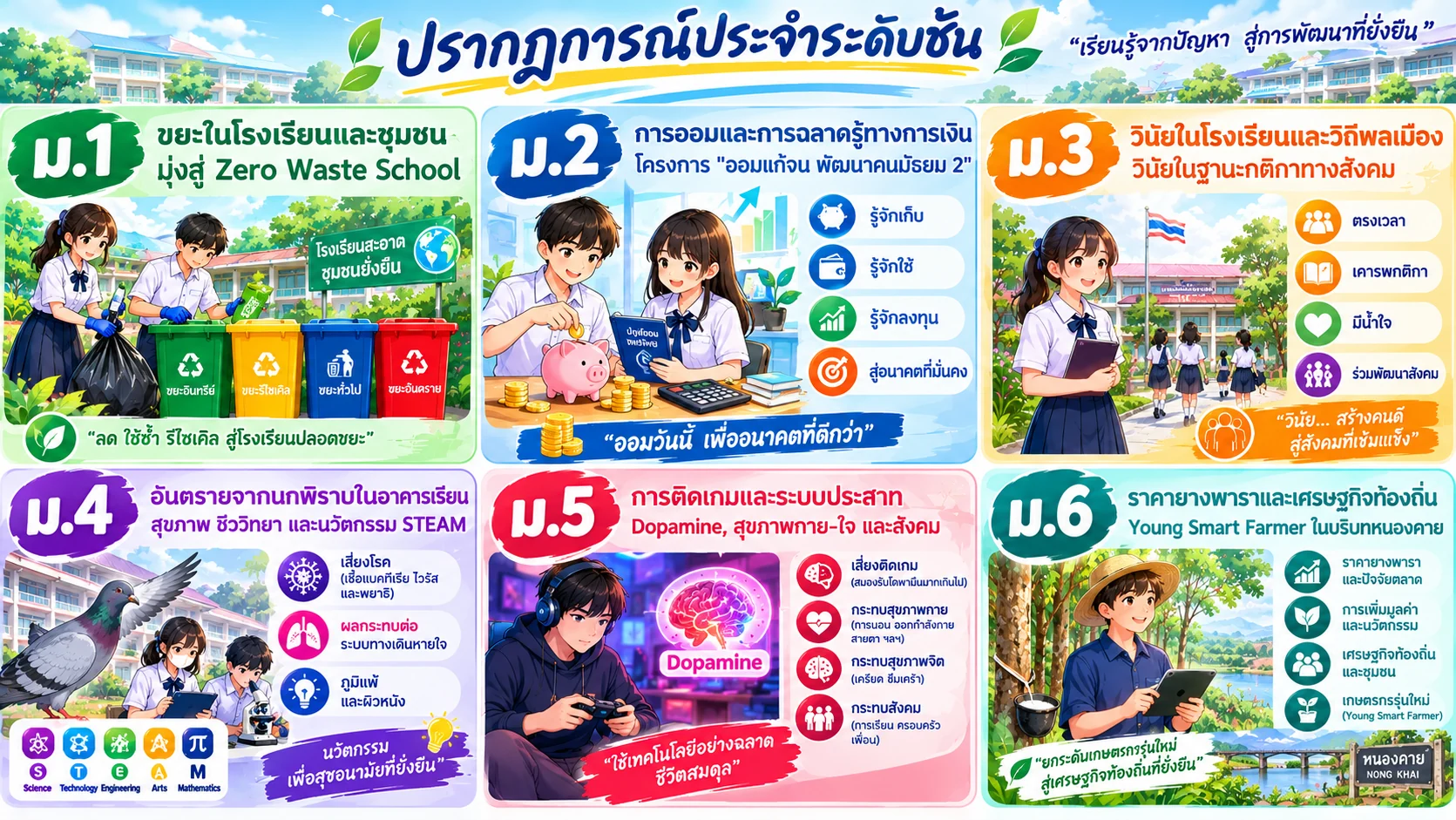 อินโฟกราฟิก ปรากฏการณ์ประจำระดับชั้น: ม.1 ขยะในโรงเรียนและชุมชน มุ่งสู่ Zero Waste School · ม.2 การออมและการฉลาดรู้ทางการเงิน · ม.3 วินัยในโรงเรียนและวิถีพลเมือง · ม.4 อันตรายจากนกพิราบในอาคารเรียน สุขภาพ ชีววิทยา และนวัตกรรม STEAM · ม.5 การติดเกมและระบบประสาท · ม.6 ราคายางพาราและเศรษฐกิจท้องถิ่น Young Smart Farmer ในบริบทหนองคาย