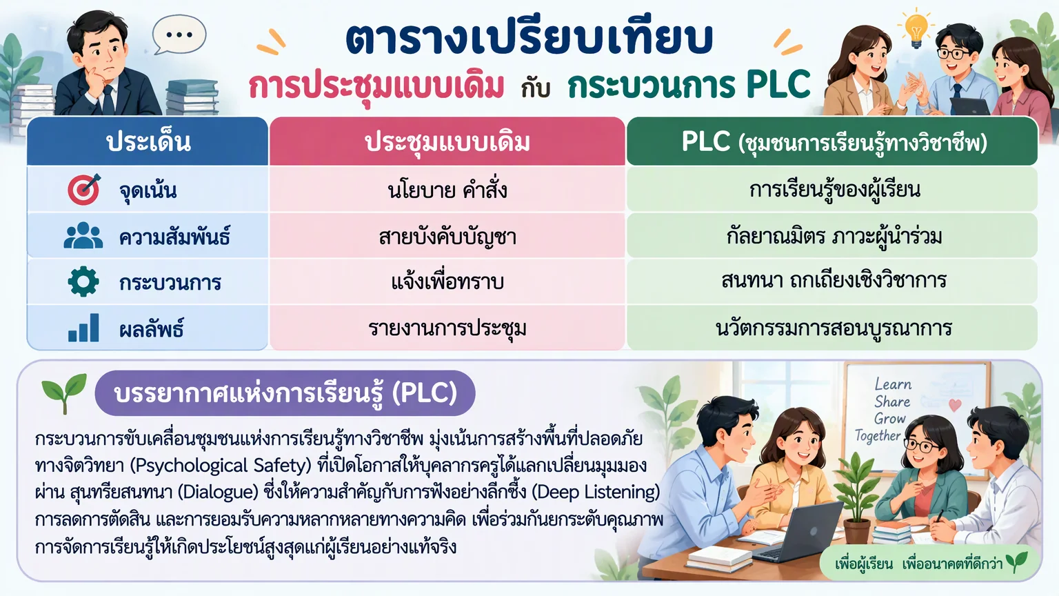 อินโฟกราฟิก ตารางเปรียบเทียบการประชุมแบบเดิมกับกระบวนการ PLC: จุดเน้น นโยบาย คำสั่ง เทียบกับ การเรียนรู้ของผู้เรียน · ความสัมพันธ์ สายบังคับบัญชา เทียบกับ กัลยาณมิตร ภาวะผู้นำร่วม · กระบวนการ แจ้งเพื่อทราบ เทียบกับ สนทนา ถกเถียงเชิงวิชาการ · ผลลัพธ์ รายงานการประชุม เทียบกับ นวัตกรรมการสอนบูรณาการ และบรรยากาศแห่งการเรียนรู้ที่เน้นพื้นที่ปลอดภัยทางจิตวิทยาและสุนทรียสนทนา