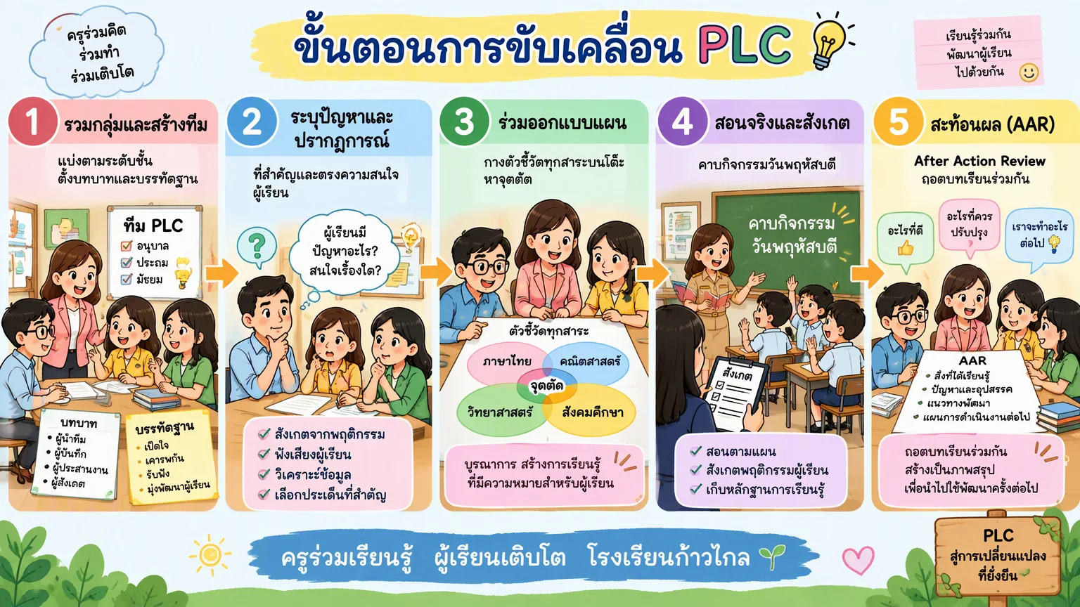 อินโฟกราฟิก ขั้นตอนการขับเคลื่อน PLC: 1 รวมกลุ่มและสร้างทีม แบ่งตามระดับชั้น ตั้งบทบาทและบรรทัดฐาน · 2 ระบุปัญหาและปรากฏการณ์ที่สำคัญและตรงความสนใจผู้เรียน · 3 ร่วมออกแบบแผน กางตัวชี้วัดทุกสาระบนโต๊ะ หาจุดตัด · 4 สอนจริงและสังเกต คาบกิจกรรมวันพฤหัสบดี · 5 สะท้อนผล (AAR) After Action Review ถอดบทเรียนร่วมกัน