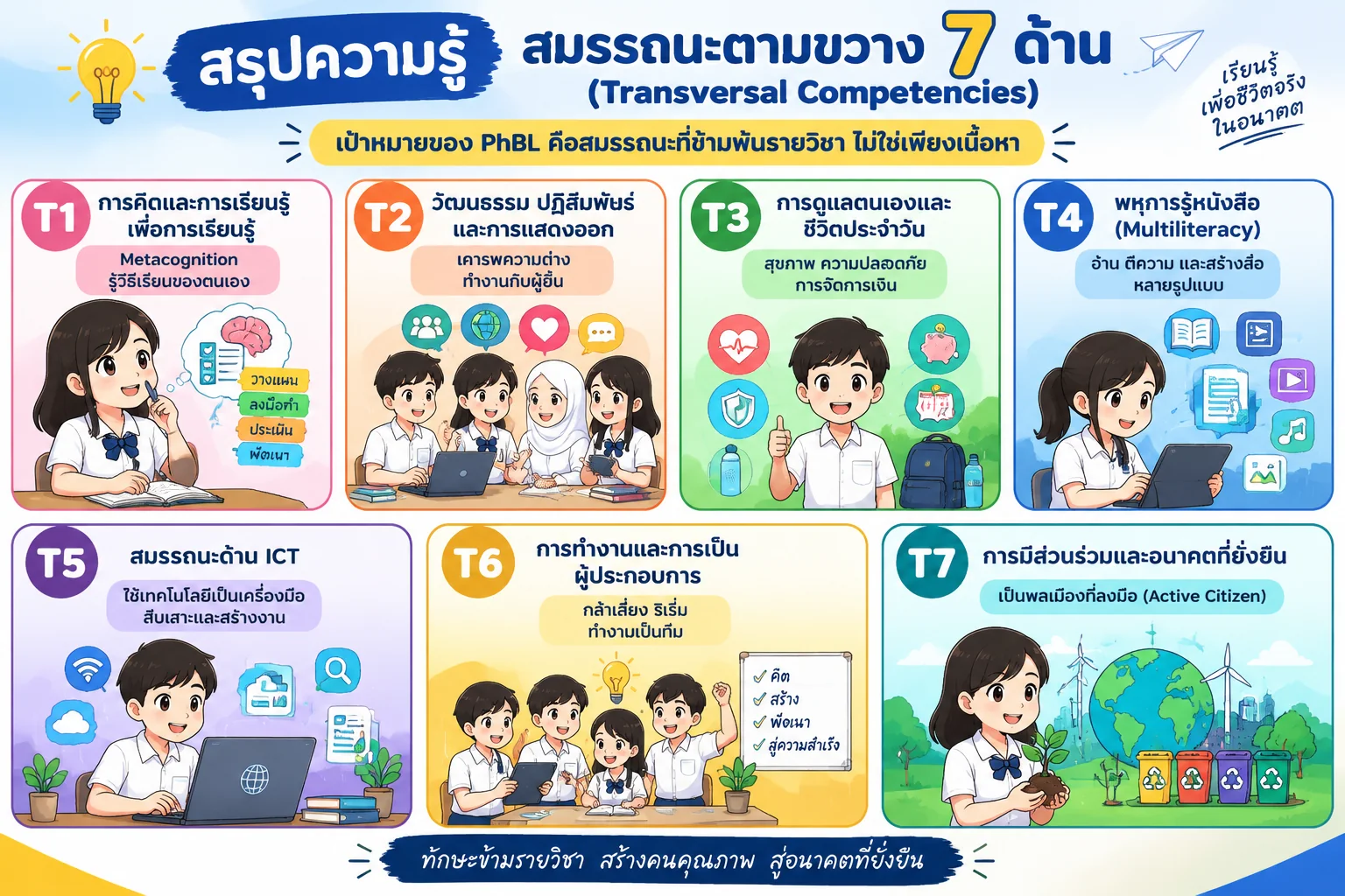 อินโฟกราฟิก สมรรถนะตามขวาง 7 ด้าน (Transversal Competencies): T1 การคิดและการเรียนรู้เพื่อการเรียนรู้ · T2 วัฒนธรรม ปฏิสัมพันธ์ และการแสดงออก · T3 การดูแลตนเองและชีวิตประจำวัน · T4 พหุการรู้หนังสือ · T5 สมรรถนะด้าน ICT · T6 การทำงานและการเป็นผู้ประกอบการ · T7 การมีส่วนร่วมและอนาคตที่ยั่งยืน